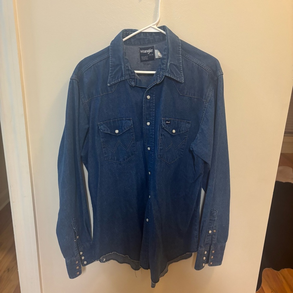 Vintage Denim Wrangler Long Sleeve Pearl Snap Shirt L Western Cowboy Rodeo Ranch